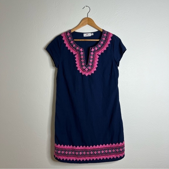 Vineyard Vines Navy Embroidered Dress Pink Geometric Cotton Linen Blend Size 4 - Picture 8 of 14